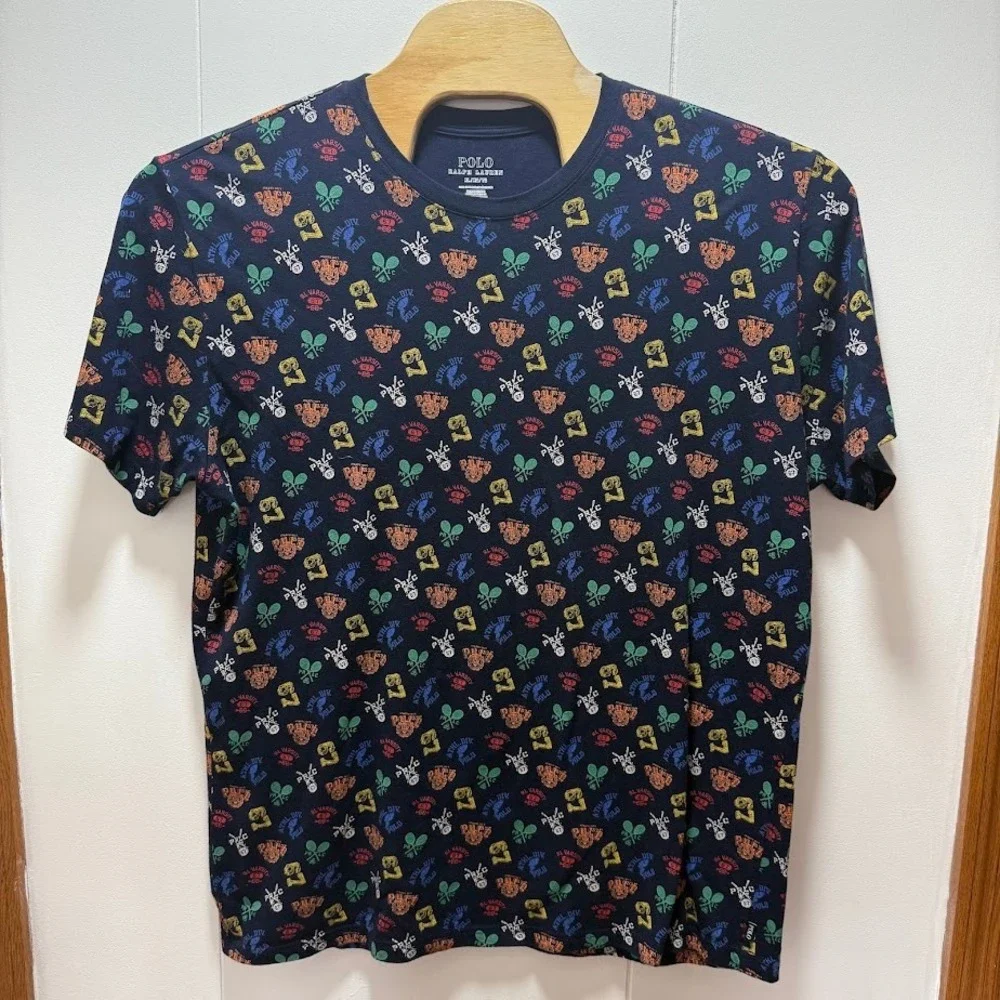 Polo Ralph Lauren Mens XL‎ Navy Blue All Over Collegiate Varsity Print T-Shirt
